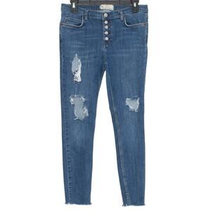 Free People Womens Jeans Reagan Destroyed Crop Skinny Button Fly Blue Street 29